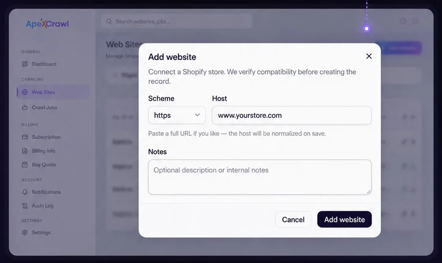 Add website dialog in ApexCrawl