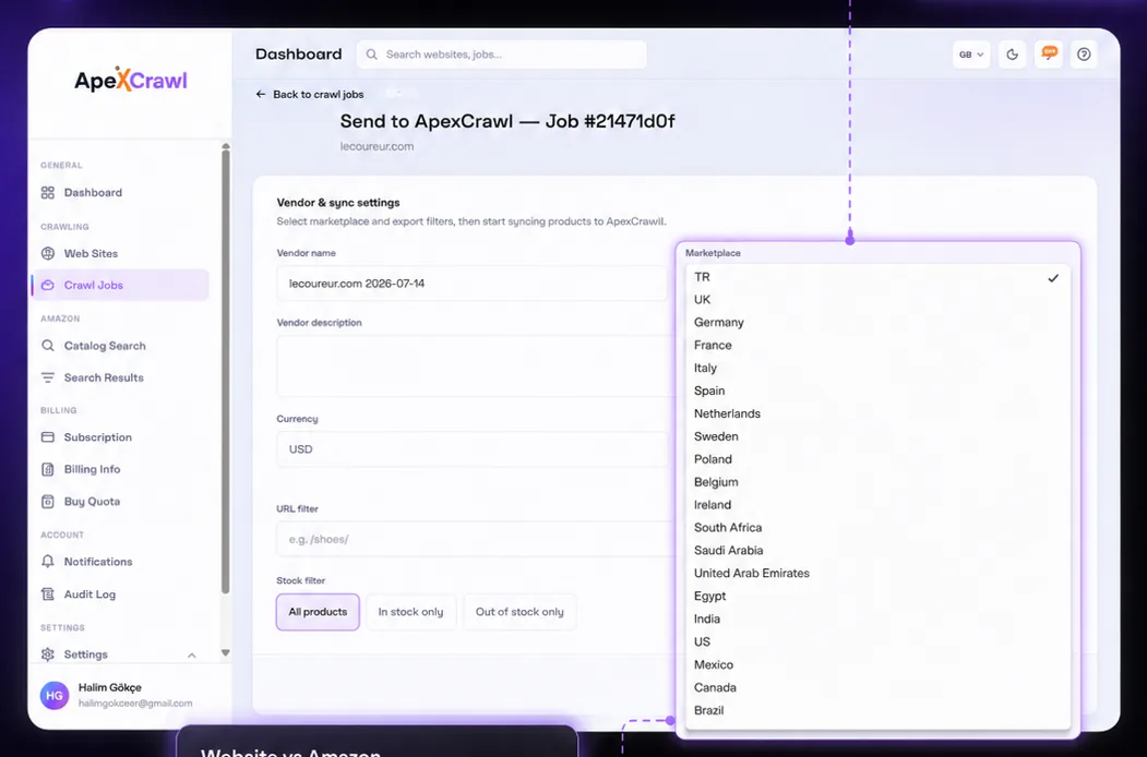 Marketplace and export settings in ApexCrawl