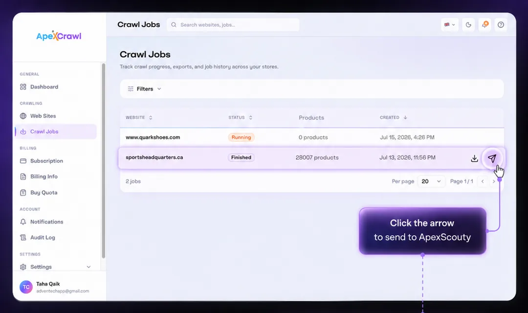 Crawl Jobs screen with transfer to ApexScouty