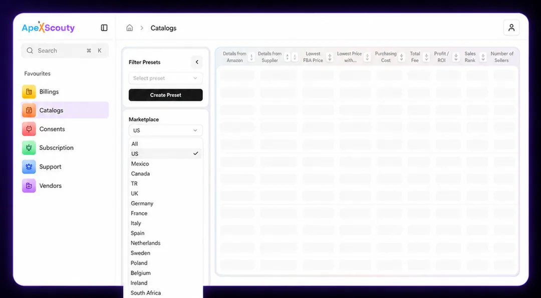 Marketplace selection list in ApexScouty