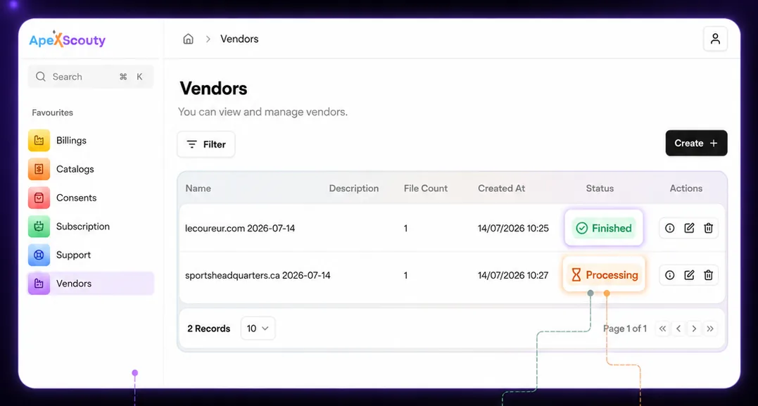 Vendors screen in ApexScouty with finished and processing files